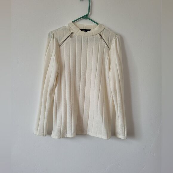 Adrienne Vittadini Cream Lightweight Sweater Semi Sheer Ribbed Old Money Medium - Picture 5 of 10